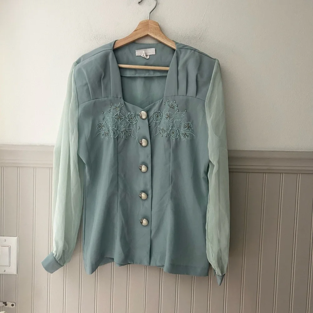 Vintage Caryel Light Blue Seafoam Blouse and Matching Skirt Set